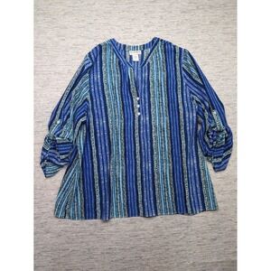 NorthStyle Womens Blue Geometric Blouse Sz 2X Pullover Roll‎ Tab Mature Flowy